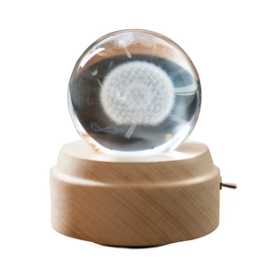 Luminous dandelion crystal ball music box with natural European beech wood base