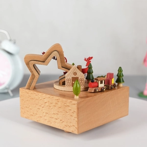 Caja de música de madera artesanal con tren rojo y castillo para regalo de Navidad