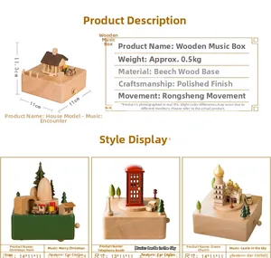 Detailed view of polished beech wood music boxes with various creative architectural shapes