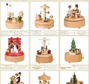 Macro details of rotating wooden mechanical music boxes in various artistic themes