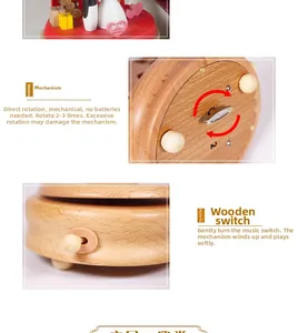 Detail of mechanical wooden music box movement with Happy Wedding sign and toggle switch
