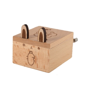 European beech wood hand-cranked mini music box with cute rabbit animal design
