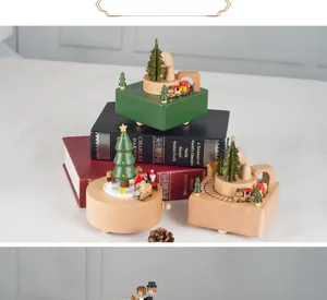 Detailed craftsmanship of wooden Christmas music boxes with winter train and tree scenery