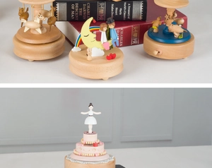 Detailed close-up of handmade wooden mechanical music boxes with creative diverse shapes