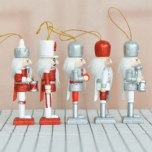 Five-piece 13cm wooden nutcracker Christmas ornaments with red and silver glitter finish