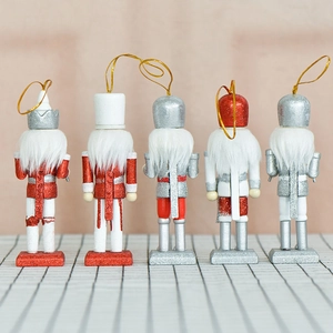 Five-piece 13cm wooden nutcracker Christmas ornaments set with red and silver glitter finish