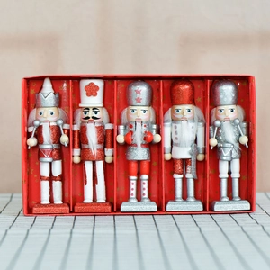 Set of 5 red and silver glitter nutcracker soldier ornaments in a festive gift box