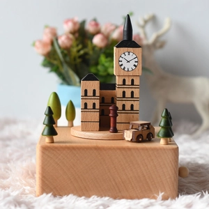 Vintage London Big Ben Rotating Wooden Music Box Mechanical Beechwood Craft For Home Decor Birthday Wedding Gift