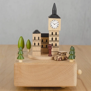 British Big Ben wooden music box with rotating city street scene and clock detail