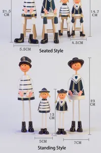 Detail view of nautical wooden doll set with dimensions showing sailor stripes and navy theme