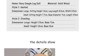 Size chart showing dimensions for Mediterranean navy style wooden hanging leg doll ornaments