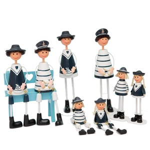 Mediterranean nautical wooden doll figurines set with blue heart bench home decor