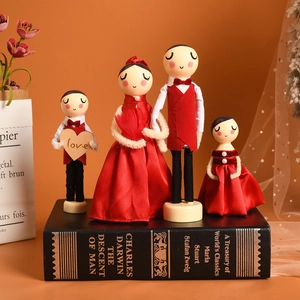Wooden Wedding Peg Dolls Decoration Handmade Couple Family Figurines With Cloth Lace Clothes Romantic Home Decor Gift