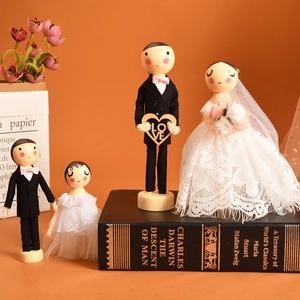 European wooden wedding doll set with lace bridal dress and heart love signage
