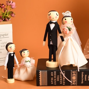 European style wooden wedding doll family set with white silk dress and black tuxedo