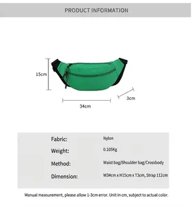 Size chart for green nylon crossbody bag showing 34cm width and adjustable strap detail
