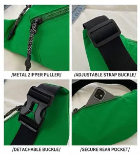 Detail view showing green nylon waist bag zippers, adjustable strap and back pocket