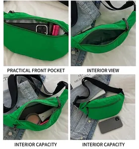 Detail view of large capacity green nylon belt bag with front pocket and adjustable strap