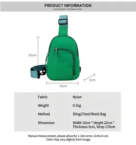Green nylon chest bag dimensions display 16x22x5cm with lightweight 0.1kg design
