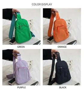 Collage of nylon crossbody bags in green, orange, purple, and black with zipper detail