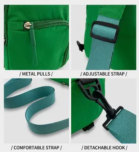 Detail view of green nylon bag showing blue woven strap, metal zipper and plastic buckle