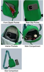 Detail view of bright green nylon crossbody bag showing multi-pocket storage capacity