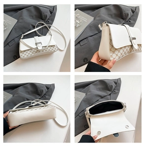 Detail shots of French baguette bag in white leather and canvas with gold metal buckle