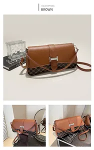 Detail of vintage square crossbody bag featuring brown leather and Triomphe pattern