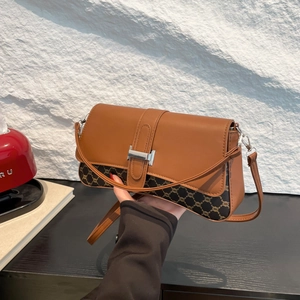 Women Vintage PU Leather Shoulder Bag Retro Monogram Splicing Underarm Bag Urban Minimalist H-Buckle Flap Crossbody Bag For Commuting