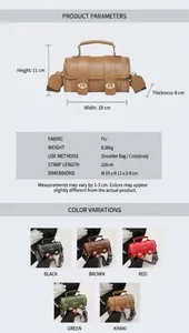 Detail view of the retro barrel bag specifications with dimensions and five color options