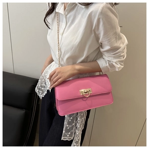 Detailed view of pink shoulder bag with gold chain strap and D-shaped metal lock