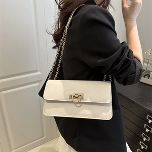 Elegant off-white square chain shoulder bag with gold metal clasp for modern women