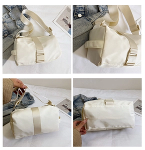 Detailed four-way views of the cream nylon crossbody bag with adjustable strap and buckle