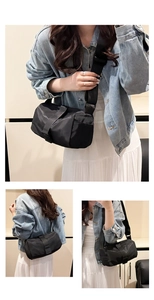 Detailed views of a black nylon crossbody bag featuring adjustable straps and buckle