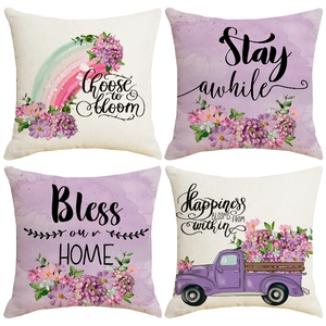 Linen Throw Pillow Case Floral Rainbow Flower Truck Letter Print Square Cushion Cover For Sofa Living Room Decorative Home Decor