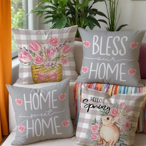 Set of 4 grey rabbit and tulip print linen pillow covers for modern home spring decor
