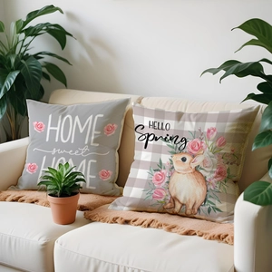 Linen decorative pillow cases with bunny print and Home Sweet Home floral lettering