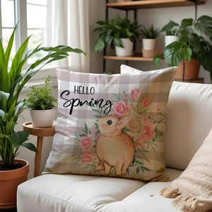 Linen flower pillow case featuring a brown rabbit and pink roses with Hello Spring text
