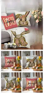 Detail of Easter bunny pillow covers with floral wreaths and festive art typography