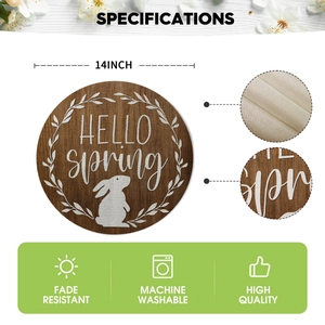 14-inch round Hello Spring placemat with white bunny silhouette and wood grain pattern