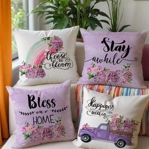 Set of 4 linen decorative pillow covers with floral and rainbow digital prints