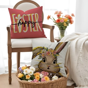 Easter bunny and carrot throw pillow covers in a bright spring home decor setting