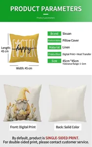 Detail of 45x45cm linen Easter pillow cases with gnome prints and Happy Easter text