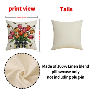 Linen pillowcase with tulip flower and butterfly print, size 18 inches for home decor