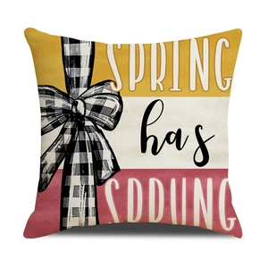 Spring decorative pillow cover with yellow red stripes and tulip floral print design