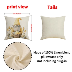 Easter gnome pillowcase in beige linen blend with tulip and egg patterns, 45cm square size