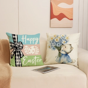 Easter rabbit cushion covers with Happy Easter lettering and festive hedgehog illustration