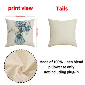 Easter rabbit linen cushion cover with cartoon lamb and blue flowers, 45x45cm size