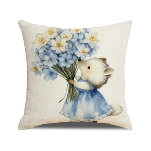 Easter throw pillow cover with cute hedgehog and blue floral print on linen fabric