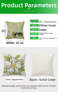 Detail view of 45x45cm linen pillowcase with floral spring print and size specifications